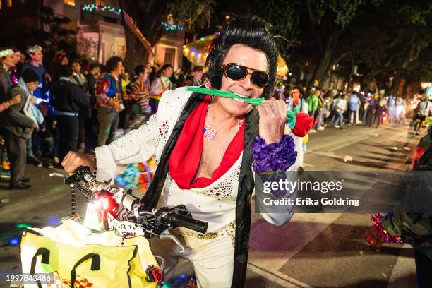 The Rolling Elvi roll in the Krewe of Muses parade during 2024 Mardi Gras on February 08, 2024 in New Orleans, Louisiana.