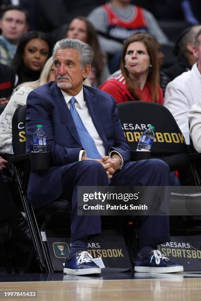 Of Monumental Sports & Entertainment Ted Leonsis sits in a court side seat as the Cleveland Cavaliers play against the Washington Wizards during the...
