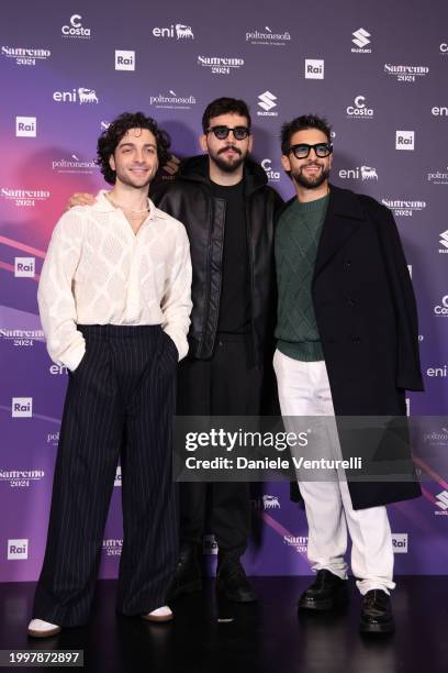 Gianluca Ginoble, Ignazio Boschetto and Piero Barone of Il Volo attend a photocall during the 74th Sanremo Music Festival 2024 at Teatro Ariston on...