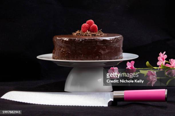 whole chocolate cake with knife raspberries and flowers - sachertorte stock-fotos und bilder