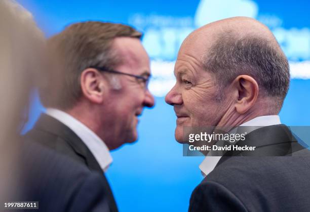 German Chancellor Olaf Scholz and German Defence Minister Boris Pistorius during the groundbreaking ceremony for a new munitions factory of German...