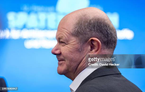 German Chancellor Olaf Scholz during the groundbreaking ceremony for a new munitions factory of German defence contractor Rheinmetall on February 12,...