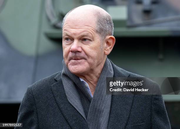 German Chancellor Olaf Scholz after the groundbreaking ceremony for a new munitions factory of German defence contractor Rheinmetall on February 12,...