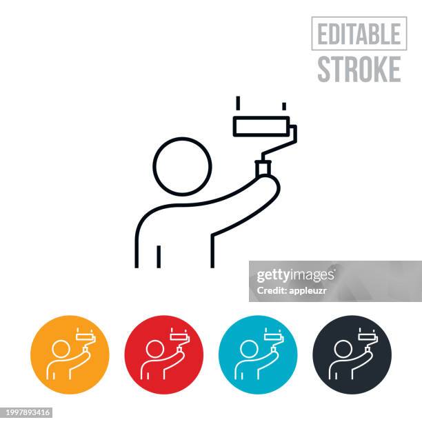 person using a paint roller to paint a wall thin line icon - editable stroke - painter decorator stock illustrations