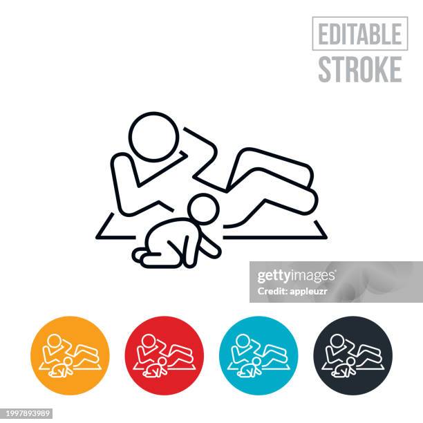 mother exercising at home while her baby crawls on floor nearby thin line icon - editable stroke - busy life stock illustrations