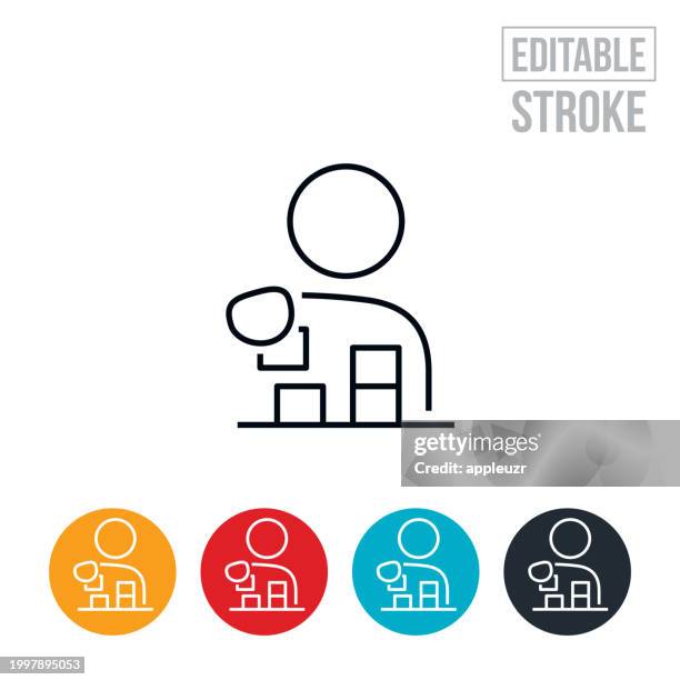 stockillustraties, clipart, cartoons en iconen met child playing and learning by stacking toy blocks thin line icon - editable stroke - ergotherapie