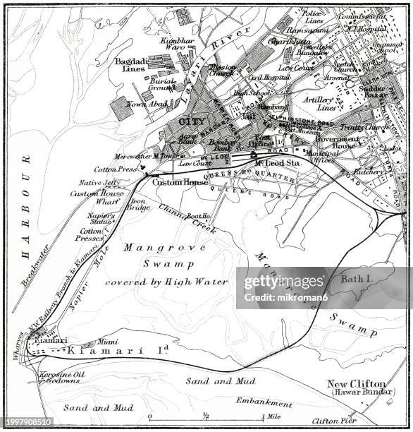 old engraved map of karachi, the capital city of the pakistani province of sindh, largest city in pakistan and the 12th largest in the world, with a population of over 20 million - karachi map stock pictures, royalty-free photos & images