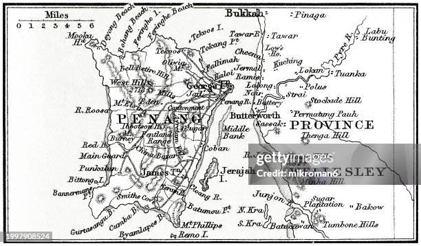 old chromolithograph map of penang, a malaysian state located on the northwest coast of peninsular malaysia, by the malacca strait - malaysia map stock pictures, royalty-free photos & images