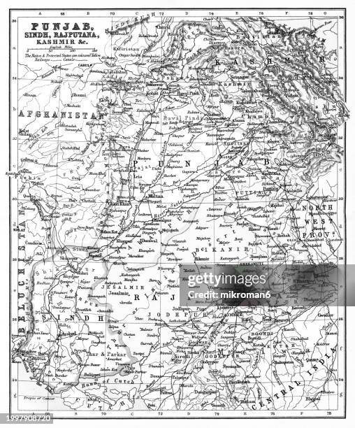 old chromolithograph map of punjab, singh, rajputana and kashmir - pakistan map stock pictures, royalty-free photos & images