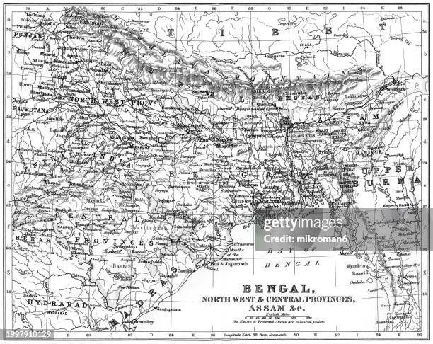 old chromolithograph map of india - bengal, north west and central provinces, assam - china india border stock pictures, royalty-free photos & images