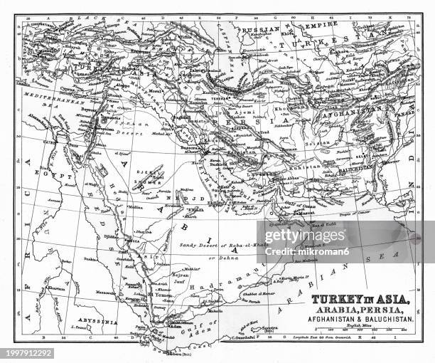 old chromolithograph map of turkey in asia, arabia, persia, afganistan and baluchistan - persian empire map stock pictures, royalty-free photos & images