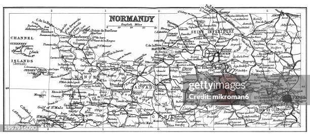 old chromolithograph map of normandy, a geographical and cultural region in northwestern europe, roughly coextensive with the historical duchy of normandy - northwestern stock pictures, royalty-free photos & images