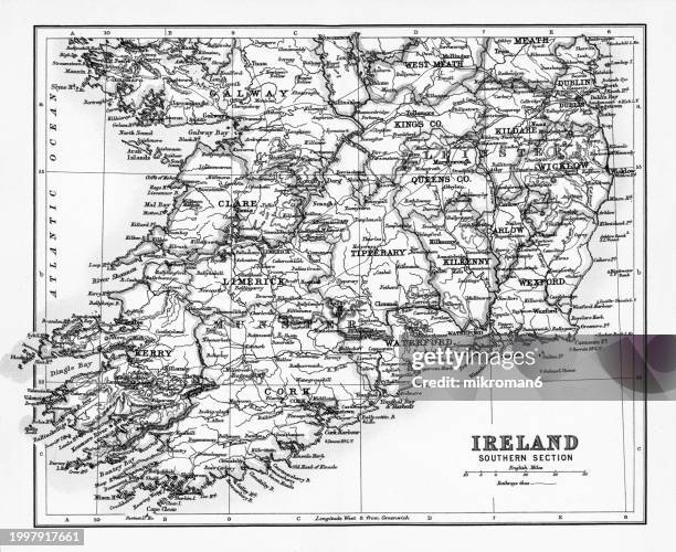 old chromolithograph map of ireland, southern section - county waterford ireland stock pictures, royalty-free photos & images