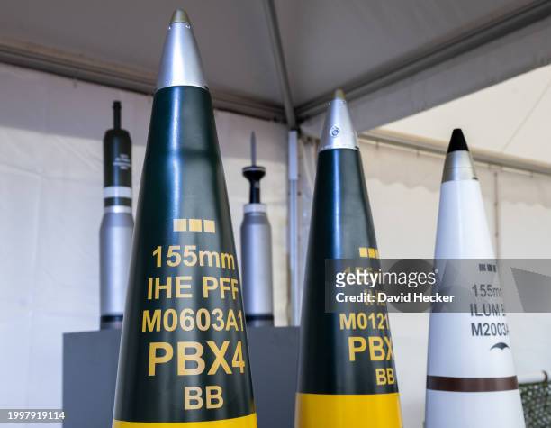 Artillery ammunition showed in a weapons exhibition before the groundbreaking ceremony for a new munitions factory of German defence contractor...