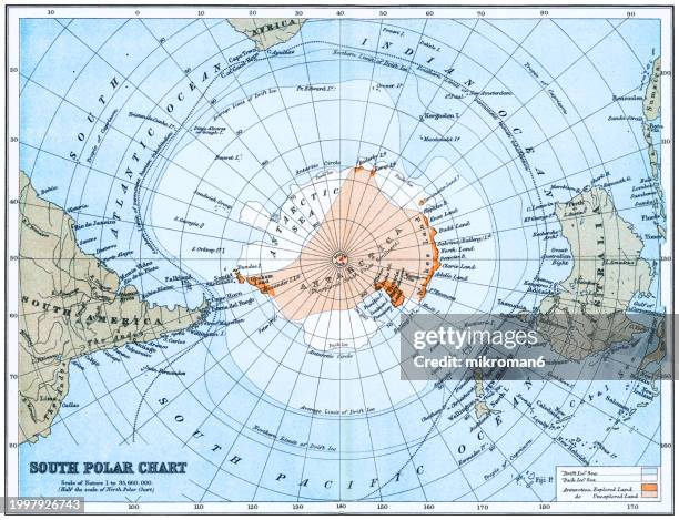old chromolithograph illustration of map of south polar regions - polar climate stock pictures, royalty-free photos & images