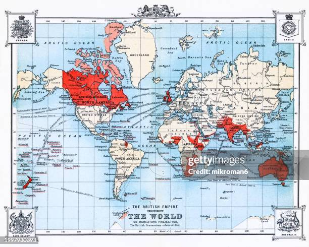 old chromolithograph map of the british empire through the world - impero britannico foto e immagini stock
