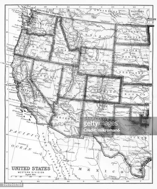 old chromolithograph map of united states of america - western division - oregon v arizona stock pictures, royalty-free photos & images