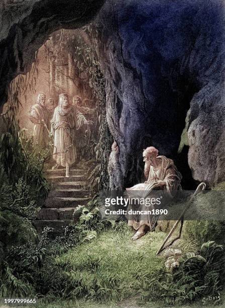 arthurian legend, king arthur, hermit in the cave, idylls of the king - the legend of merlin and arthur stock illustrations