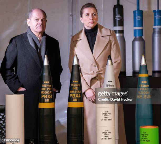 German Chancellor Olaf Scholz and Danish Prime Minister Mette Frderiksen with artillery ammunition before the groundbreaking ceremony for a new...
