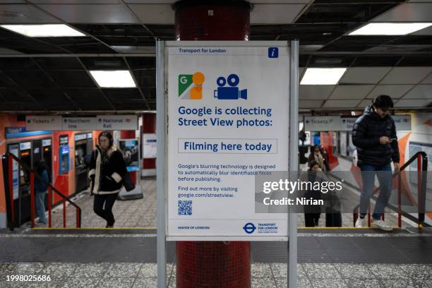a poster informing that google is collecting photos for street view - underground station stock pictures, royalty-free photos & images