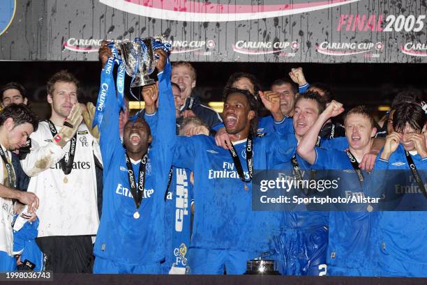 February 27: Chelsea Players, Mateja Kezman, Petr Cech, Claude Makelele, , Didier Drogba; John Terry, Damien Duff and Paulo Ferreira celebrate after...