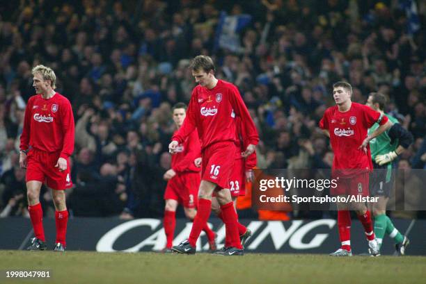 February 27: Liverpool Players Sami Hyypia, Dietmar Hamann and Steven Gerrard look dejected during the Carling Cup Final match between Chelsea and...