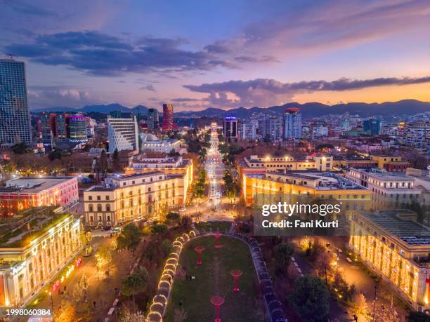 tirana, albanian capital from drone - tirana albania stock pictures, royalty-free photos & images