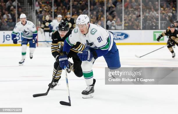 Nikita Zadorov of the Vancouver Canucks skates against the Boston Bruins during the first period at the TD Garden on February 8, 2024 in Boston,...