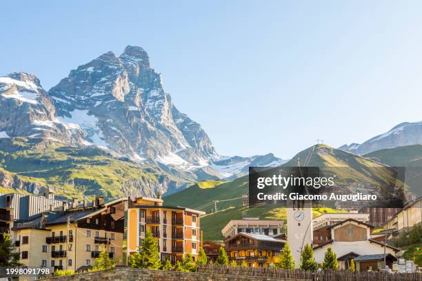 breuil-cervinia village with cervino mount (matterhorn) in the background, valle d'aosta - matterhorn stock-fotos und bilder