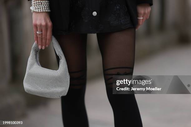 Sara Lazarevic seen wearing black elegant blazer jacket, black flower embroidered dress with a white lace collar and puff sleeves, black tights,...