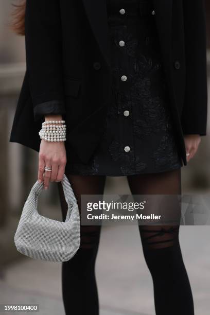 Sara Lazarevic seen wearing black elegant blazer jacket, black flower embroidered dress with a white lace collar and puff sleeves, black tights,...