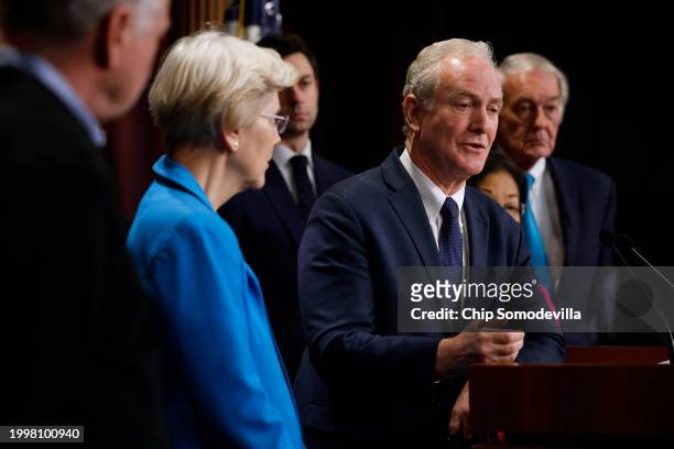 Sen. Chris Van Hollen and fellow Senate Democrats hold a news conference at the U.S. Capitol to celebrate a new policy that demands recipients of...