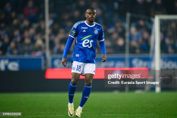 Junior Mwanga of RC Strasbourg walks in the field during the Ligue 1 Uber Eats match between RC Strasbourg and Paris Saint-Germain at Stade de la...
