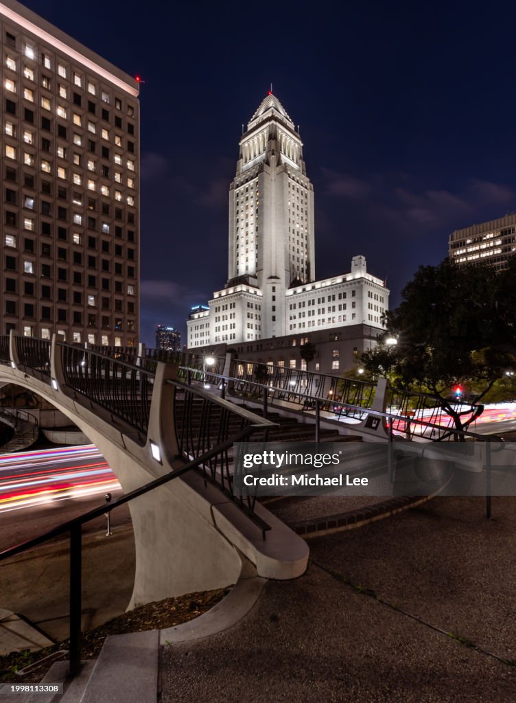 Los Angeles City Hall and Light Trails