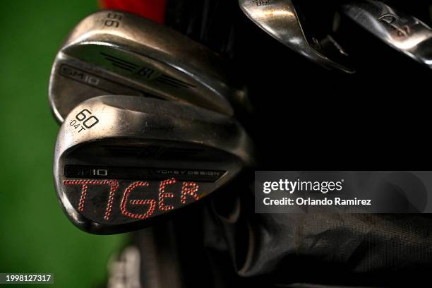 Detailed view of a golf clubs belonging to S.H. Kim of South Korea are seen during the continuation of the weather-delayed first round of the WM...