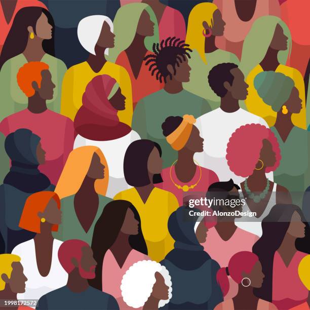 große gruppe von schwarzen. black history month. nahtloses muster. - geschichte der afroamerikaner in den usa stock-grafiken, -clipart, -cartoons und -symbole