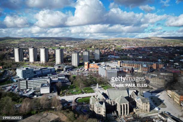 An aerial view shows the town of Rochdale in Greater Manchester, north-west England on February 12 with the Town Hall in the foreground , the...