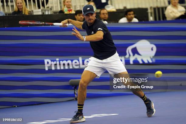 February 11 Dallas, Texas, United States: Tommy Paul hits a forehand in the men's championship match during the Dallas Open at the Styslinger/ALTEC...