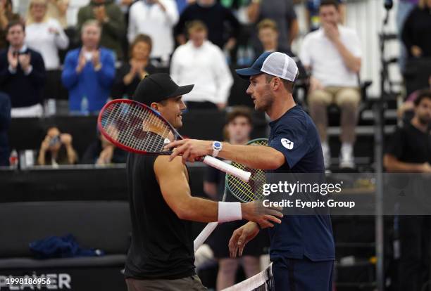 February 11 Dallas, Texas, United States: Marcos Giron and Tommy Paul hug each other after the men's championship match during the Dallas Open at the...