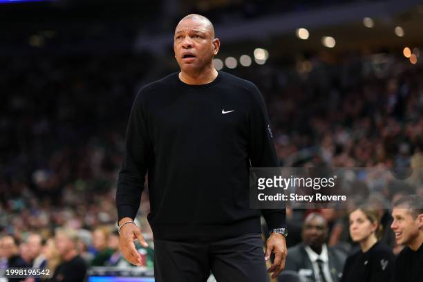 Head coach Doc Rivers of the Milwaukee Bucks reacts to an officials call during a game against the Minnesota Timberwolves at Fiserv Forum on February...