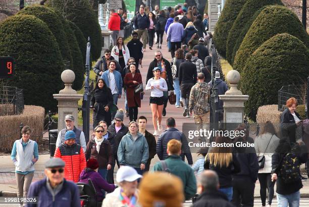 Boston, MA Throngs of people cross the footbridge that spans the Boston Public Garden Lagoon.