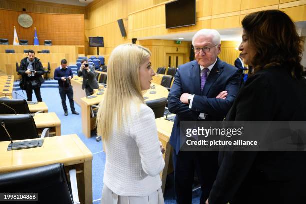 February 2024, Cyprus, Nikosia: Annita Demetriou , Speaker of the Parliament of the Republic of Cyprus, shows Federal President Frank-Walter...