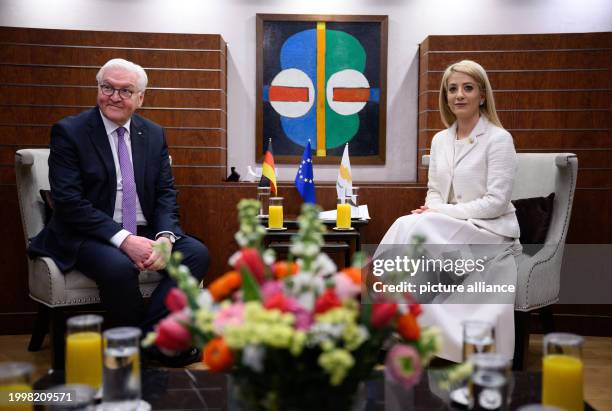 February 2024, Cyprus, Nikosia: Federal President Frank-Walter Steinmeier and Annita Demetriou, Speaker of the Parliament of the Republic of Cyprus,...