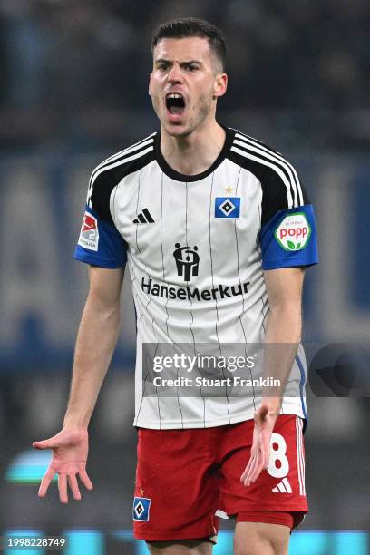 Laszlo Benes of Hamburg celebrates scoring the first team goal during the Second Bundesliga match between Hamburger SV and Hannover 96 at...