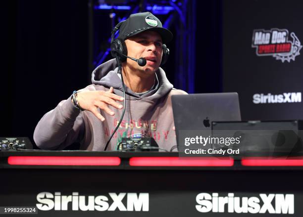 Jordan Poyer speaks on SiriusXM at Super Bowl LVIII on February 09, 2024 in Las Vegas, Nevada.