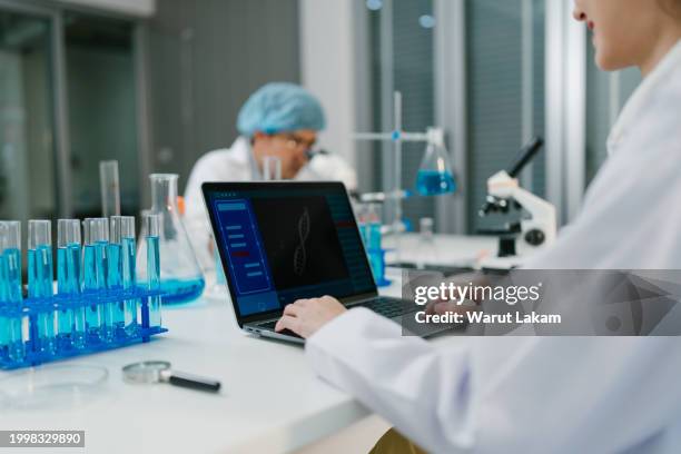 scientific data analysis on laptop in laboratory - information equipment stock pictures, royalty-free photos & images