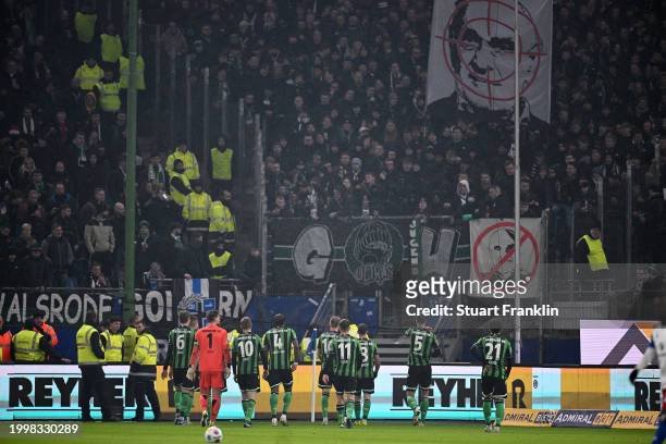 Supportes of Hannover hold a banner during the Second Bundesliga match between Hamburger SV and Hannover 96 at Volksparkstadion on February 09, 2024...