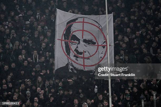 Supportes of Hannover hold a banner during the Second Bundesliga match between Hamburger SV and Hannover 96 at Volksparkstadion on February 09, 2024...
