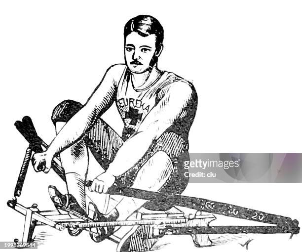 man sitting at a home rowing machine with health lift and chest expander combined - rowing machine stock illustrations