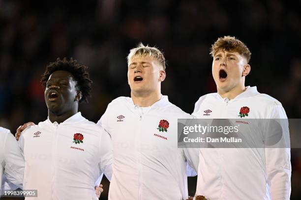 Finn Carnduff of England sings the national anthem during the U20 Six Nations match between England and Wales at The Recreation Ground on February...